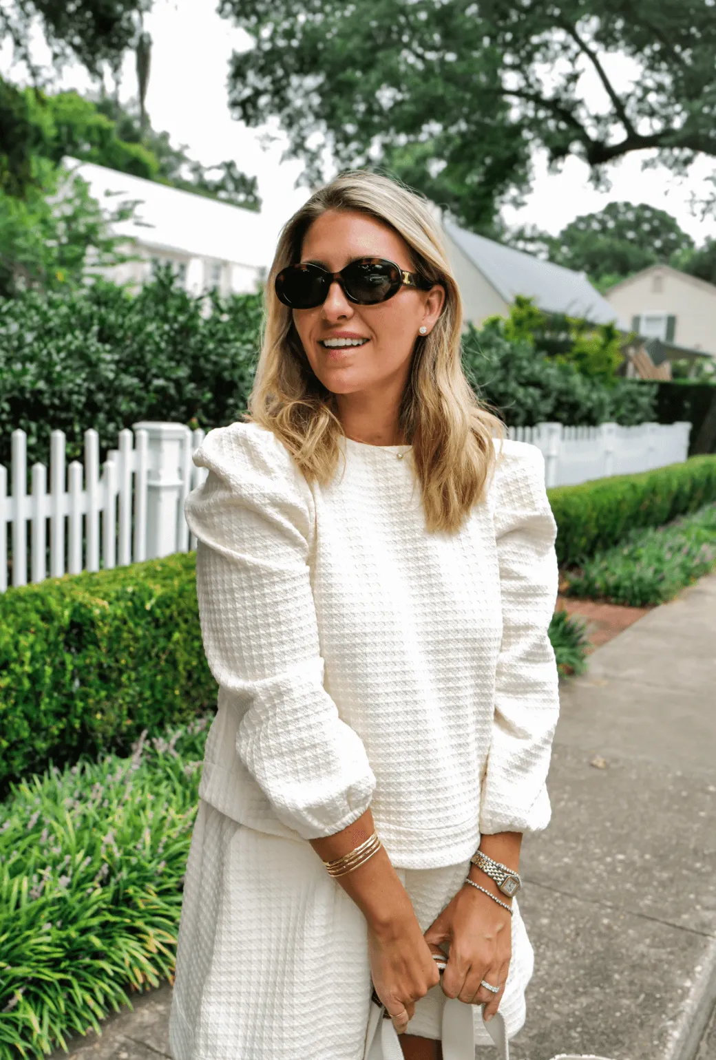 Buru x Megan Stokes Long Sleeve Puff Sleeve Top - Ivory Knit Tweed Sustainable Material Blend