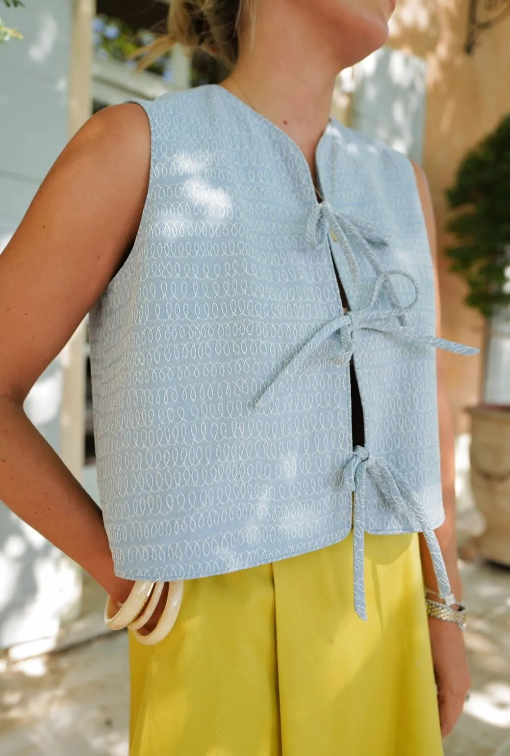 Buru x Megan Stokes  The Fife Vest - Embroidered Chambray Light Reflectivity Trim