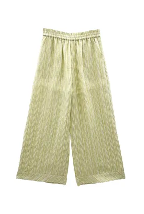Buru x Megan Stokes Wide Leg Trouser - Green Linen Stripe QuickDryTechnology