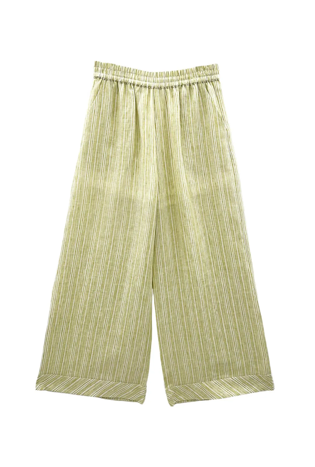 Buru x Megan Stokes Wide Leg Trouser - Green Linen Stripe QuickDryTechnology
