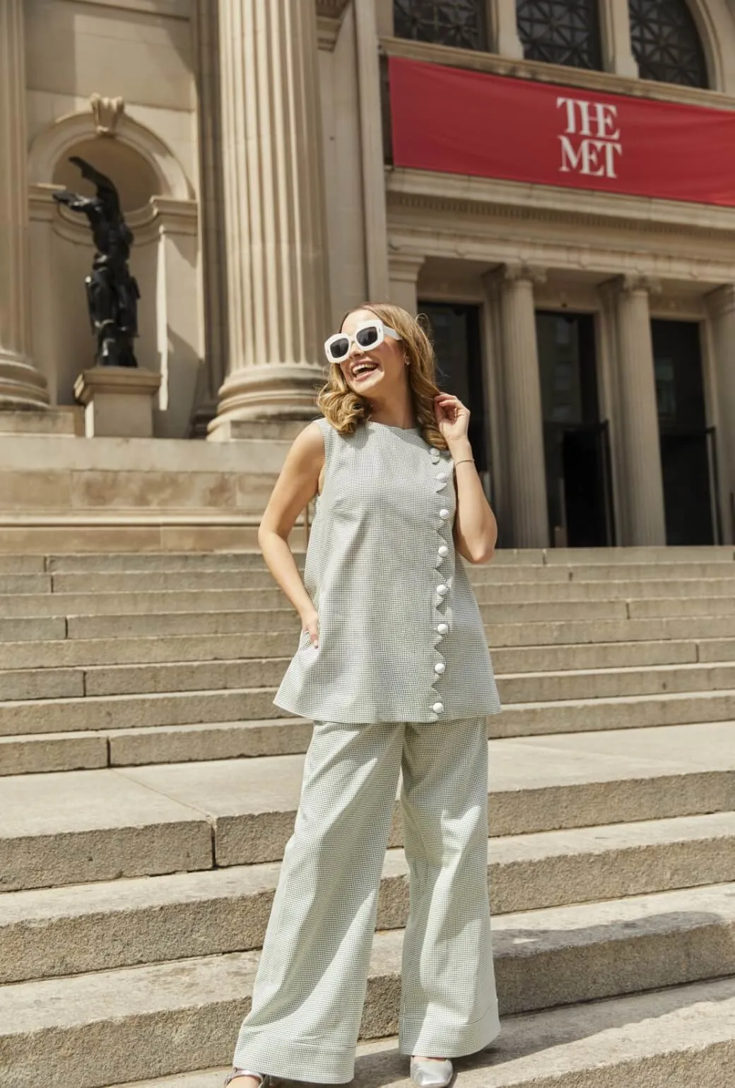 Buru x Old Soul Etiquette Flat Front Trousers  - Green Squares Twill All Around Fit Cozy and Relaxed