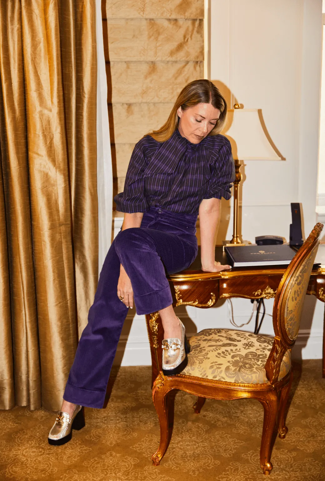 Buru x Tori Mellott Big Bow Blouse - Purple Plaid Lightweight Weave FrictionFreeNeckline