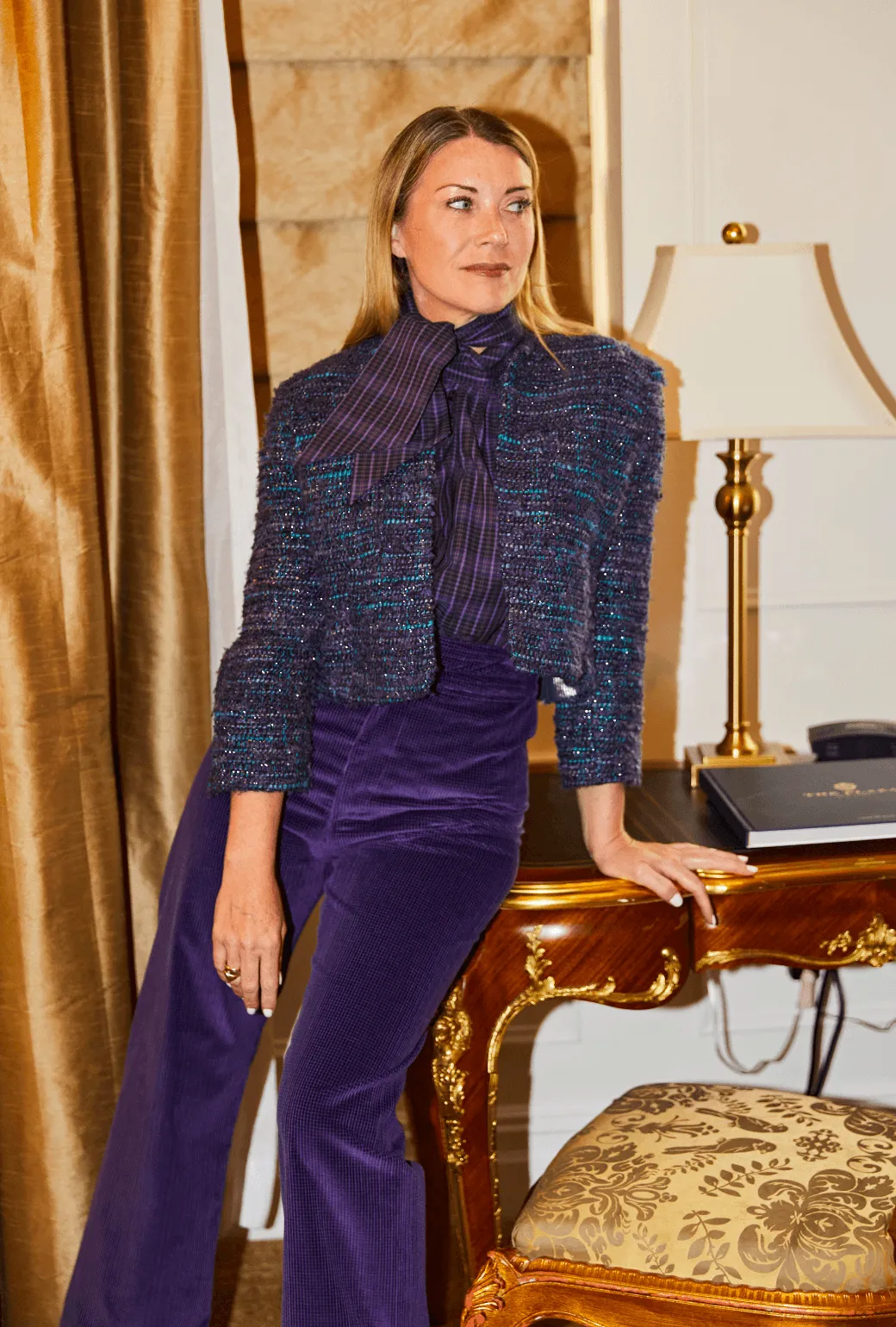 Raw Edge Detail Ribbed Hem Buru x Tori Mellott Big Bow Blouse - Purple Plaid