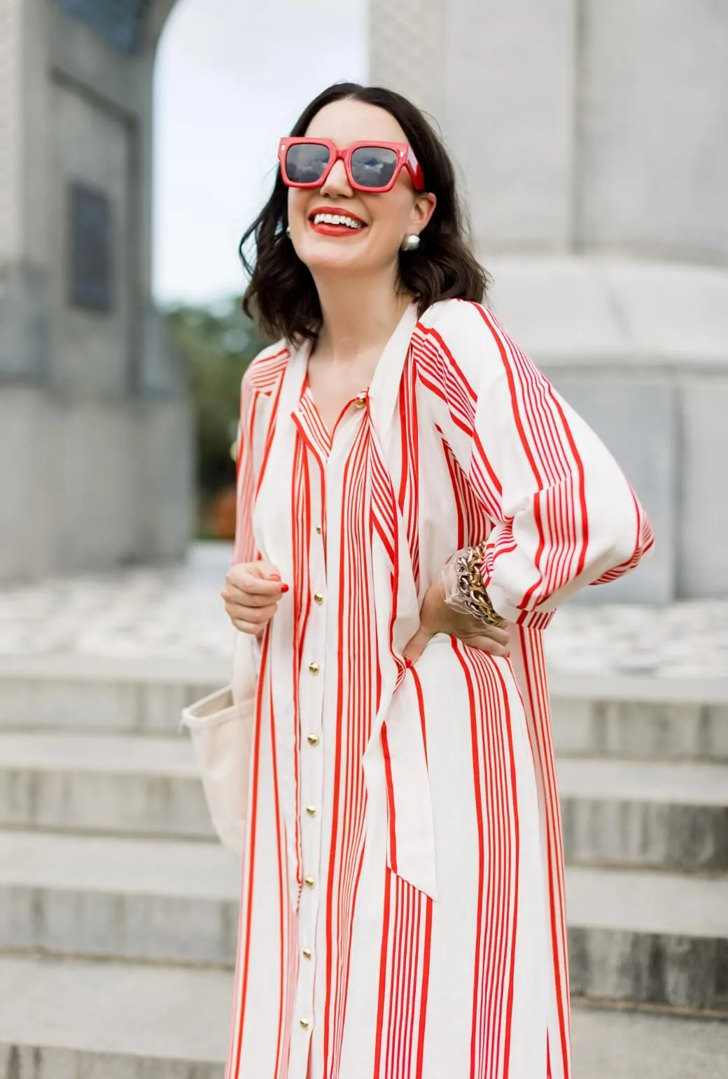 Whimsical Mood Contemporary Fit Buru x Val Bow Housecoat - Red & White Stripe