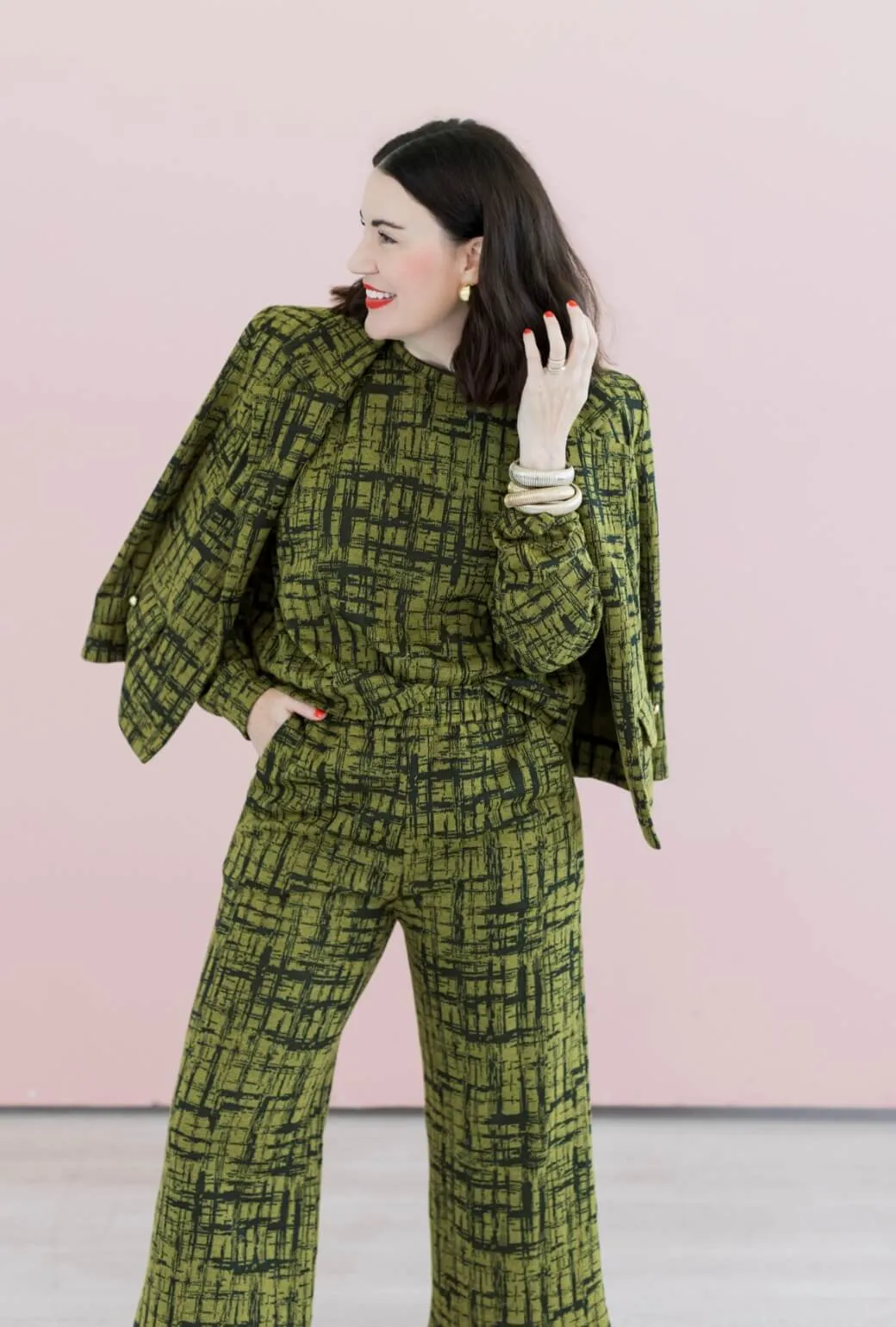 high waisted Minimal Fit BURU x Val Wide Leg Knit Trouser - Chartreuse & Black Abstract Knit