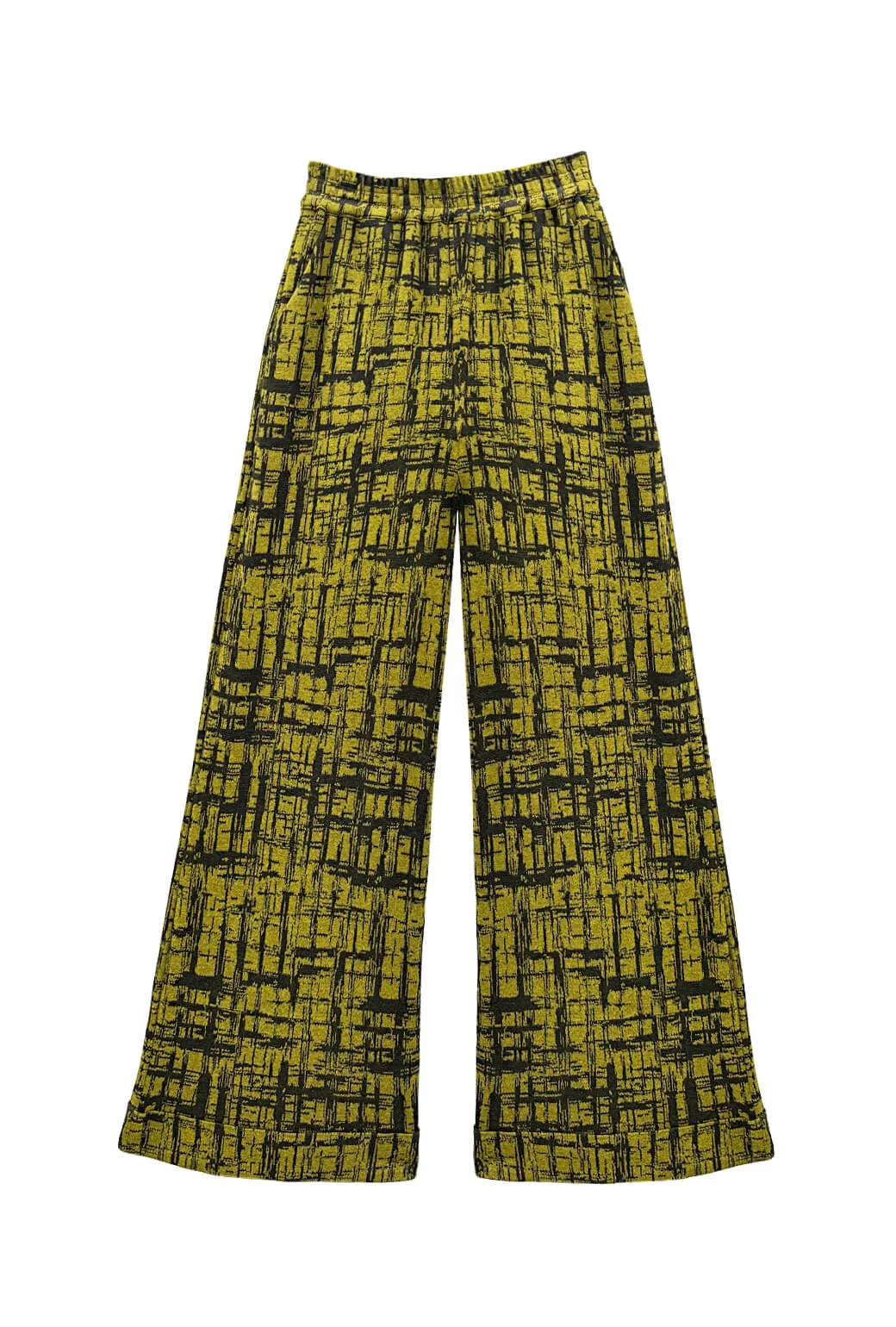 Sleek lines BURU x Val Wide Leg Knit Trouser - Chartreuse & Black Abstract Knit