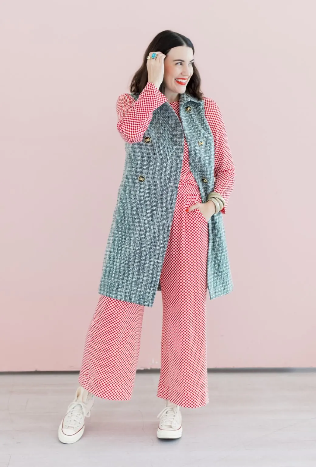 Buru x Val Wide Leg Knit Trouser - Red & White Checkerboard Sporty Function Tight Waist