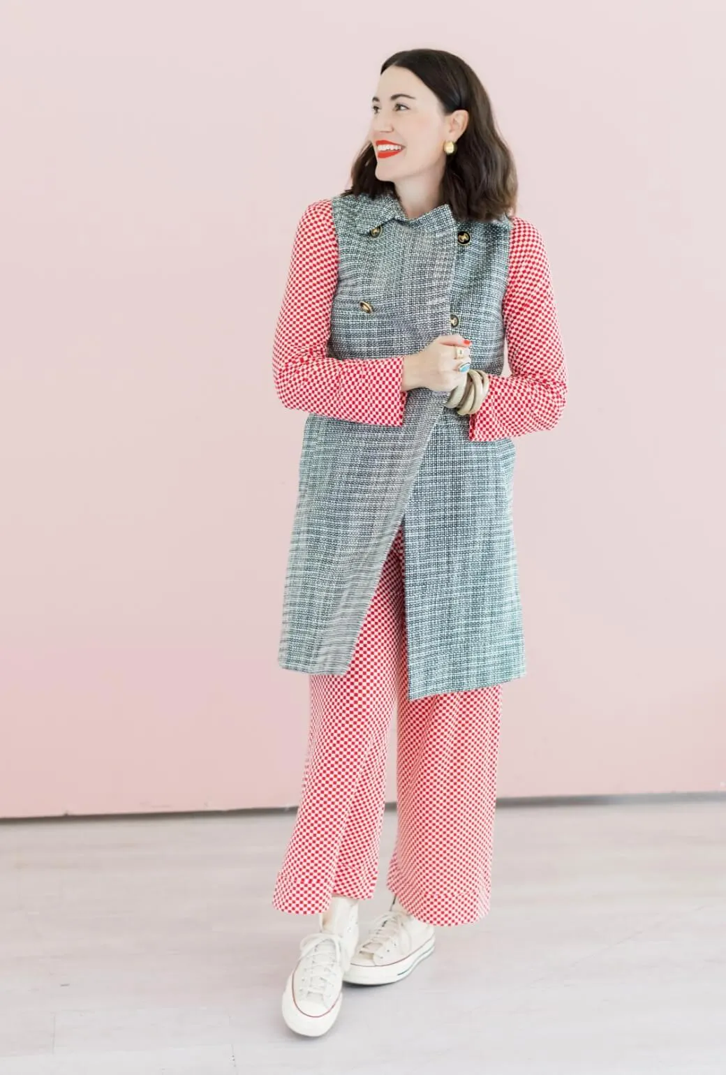 Buru x Val Wide Leg Knit Trouser - Red & White Checkerboard Unisex style