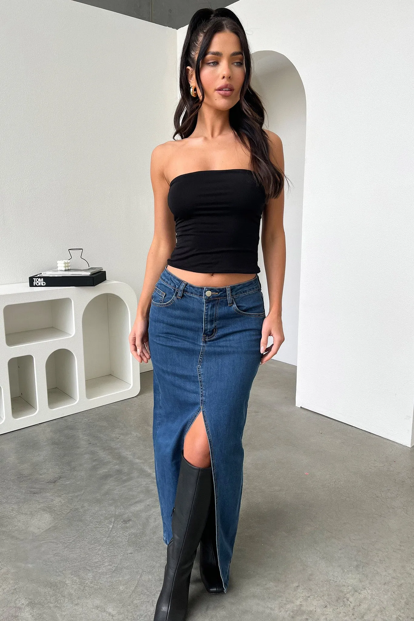 Contemporary Brand Statement Fashion Tahnee Denim Maxi Skirt - Dark Blue