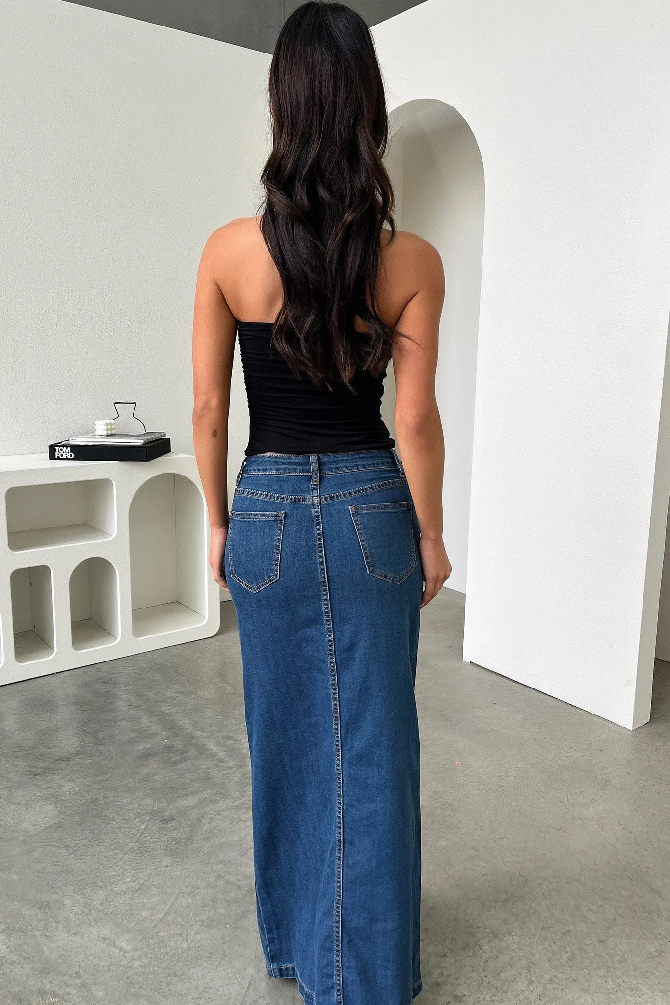 Mid Length Modern Combo Tahnee Denim Maxi Skirt - Dark Blue