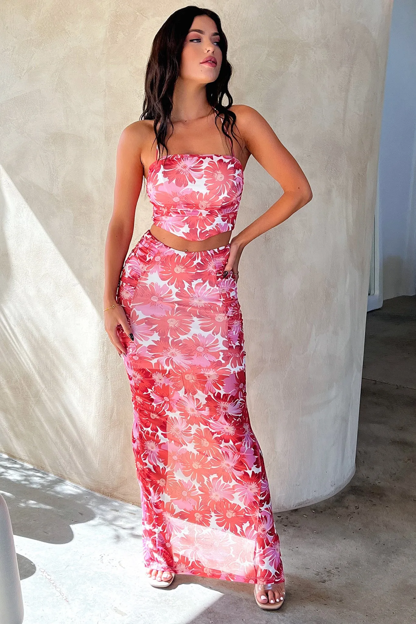 Floor Length Secure Closure Zari Skirt - Red Floral