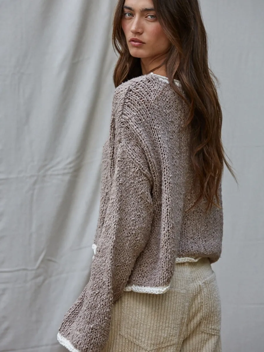 KNIT SWEATER PULLOVER WITH CONTRAST HEM - MOCHA/IVORY Tactile Soft Texture