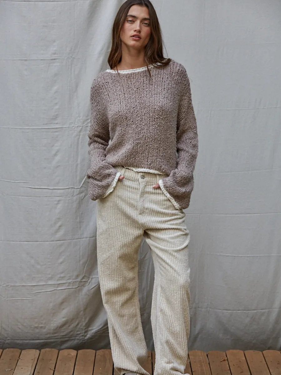 KNIT SWEATER PULLOVER WITH CONTRAST HEM - MOCHA/IVORY Flexible Cuffs