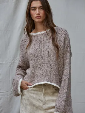 KNIT SWEATER PULLOVER WITH CONTRAST HEM - MOCHA/IVORY SweatGuard Lining