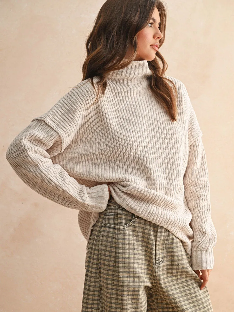 PaddedInsulation VentilatedArmholes CHENILLE HIGH NECK SWEATER - CREAM