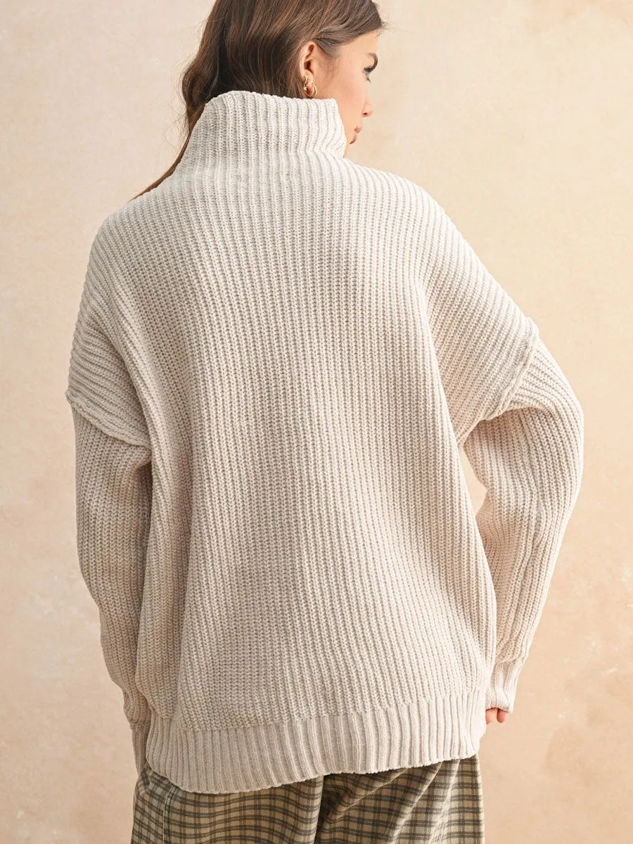 Quick Release Fasteners Flexible Ribbing CHENILLE HIGH NECK SWEATER - CREAM