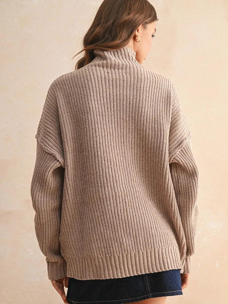 BondedEdges CHENILLE HIGH NECK SWEATER - SAND