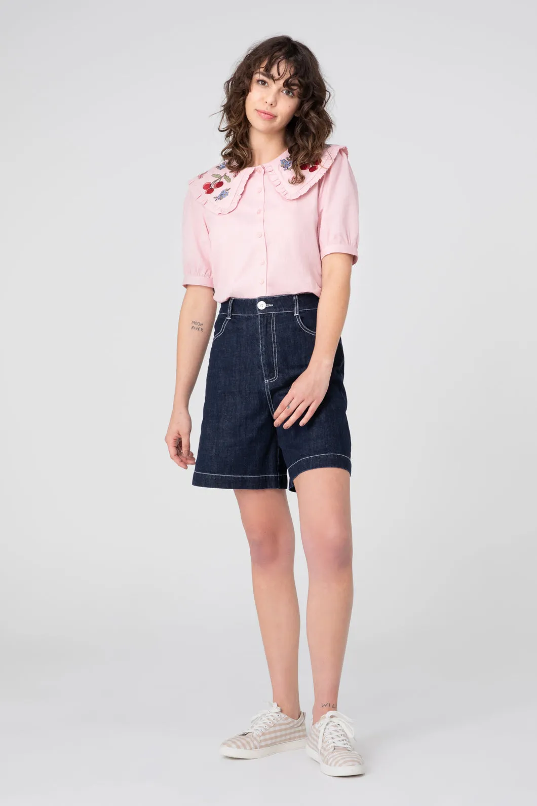Cherry Denim Shorts Stain Release Finish Lightweight Flex