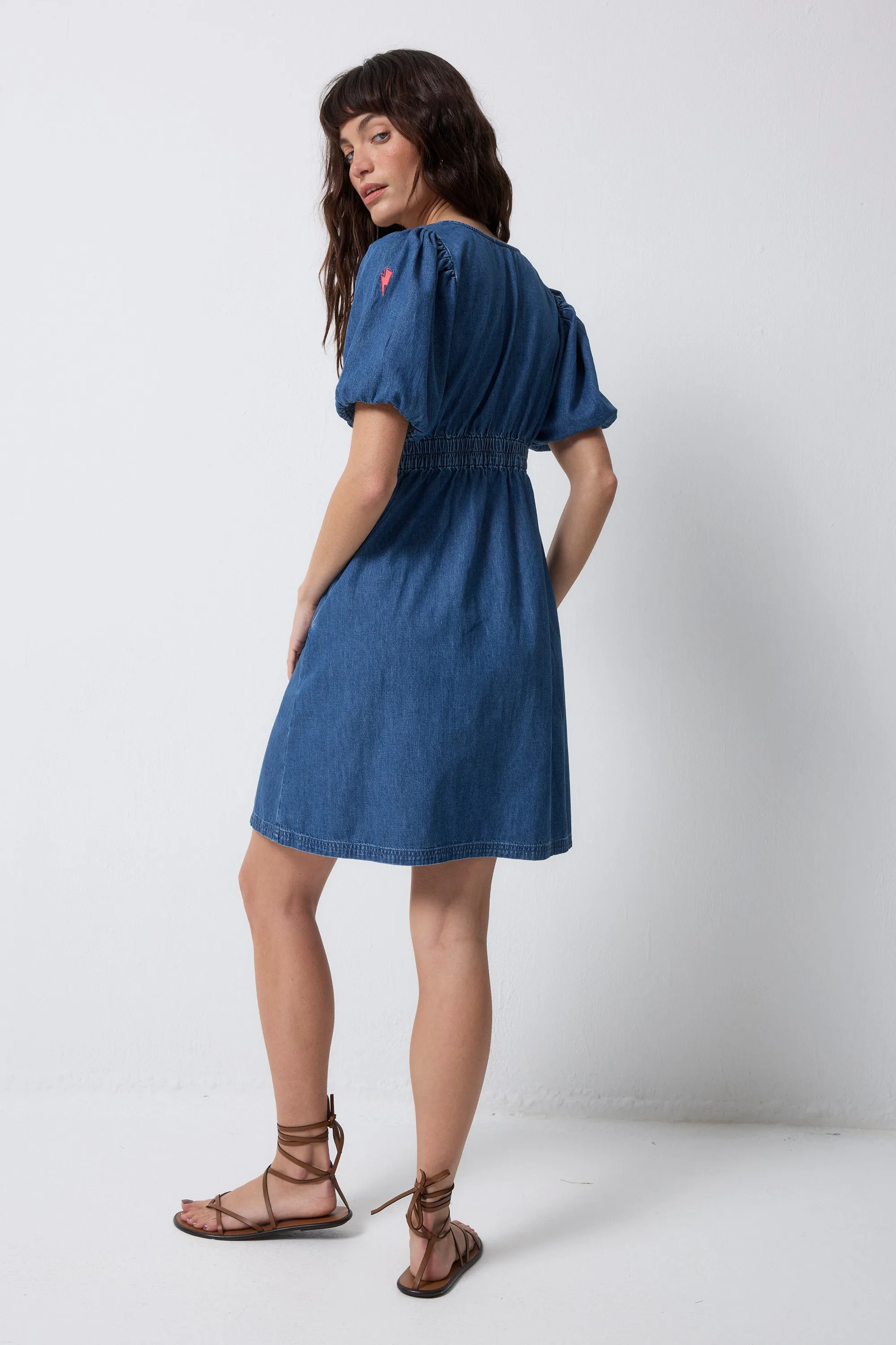 Indigo Denim Button Through Dress Flower Grace
