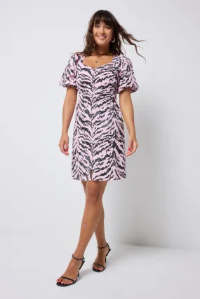 Light Wear Mix-And-Match Pale Pink with Grey Texture Tiger Puff Sleeve Short Tea Dress