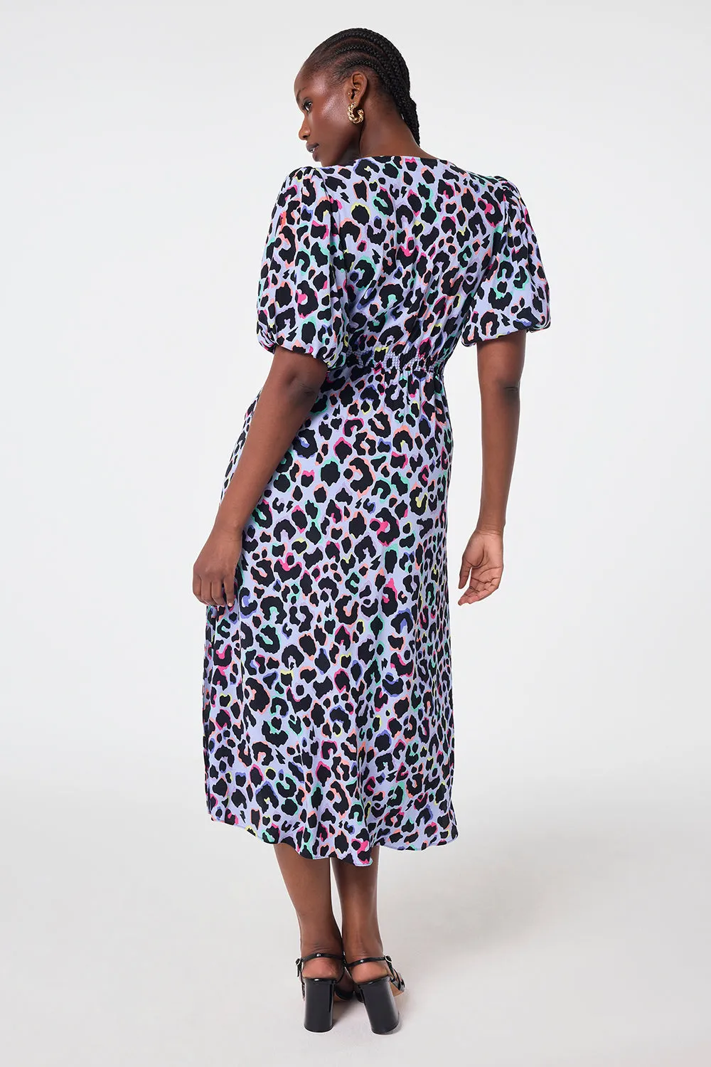 Light Blue with Rainbow Shadow Leopard Puff Sleeve Midi Tea Dress Trendy Look