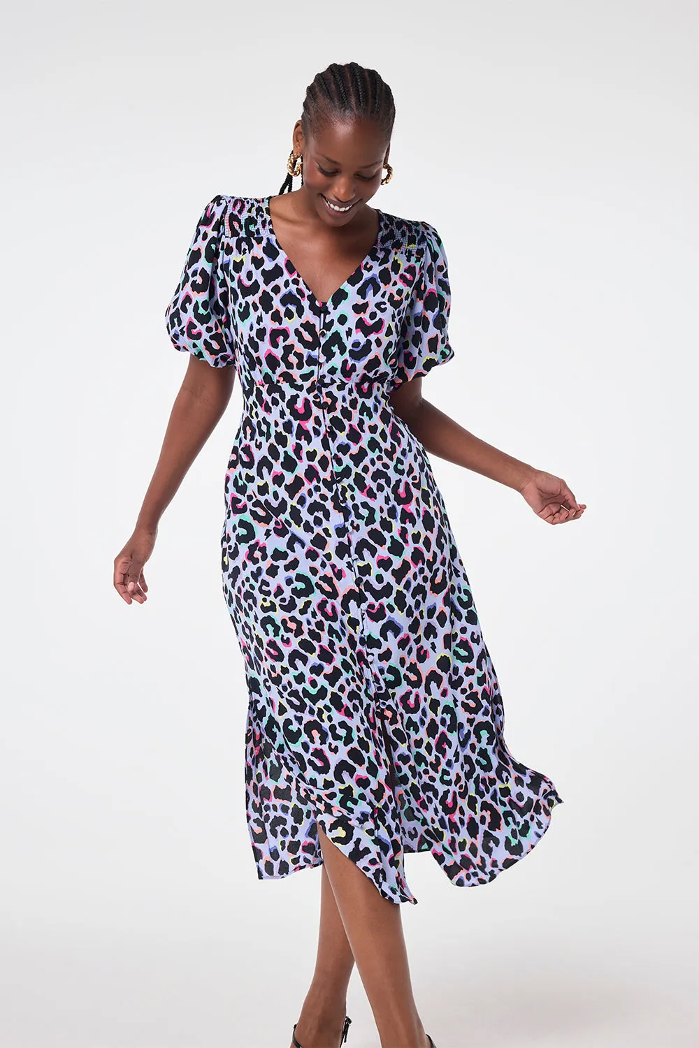 Versatile Touch Light Blue with Rainbow Shadow Leopard Puff Sleeve Midi Tea Dress
