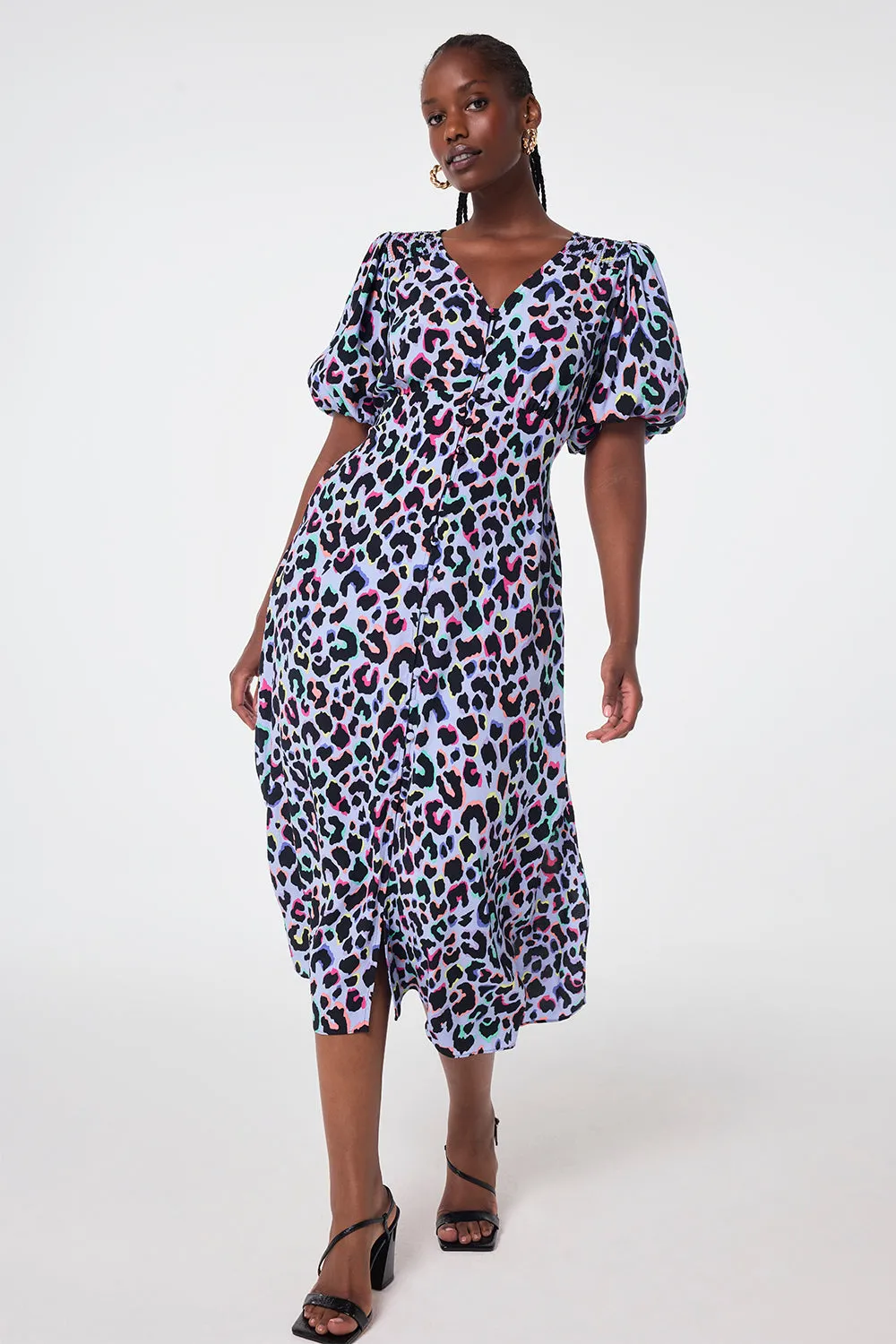 Light Blue with Rainbow Shadow Leopard Puff Sleeve Midi Tea Dress Light Fall Light Weight