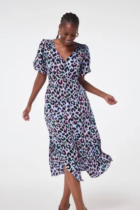 Versatile Touch Light Blue with Rainbow Shadow Leopard Puff Sleeve Midi Tea Dress
