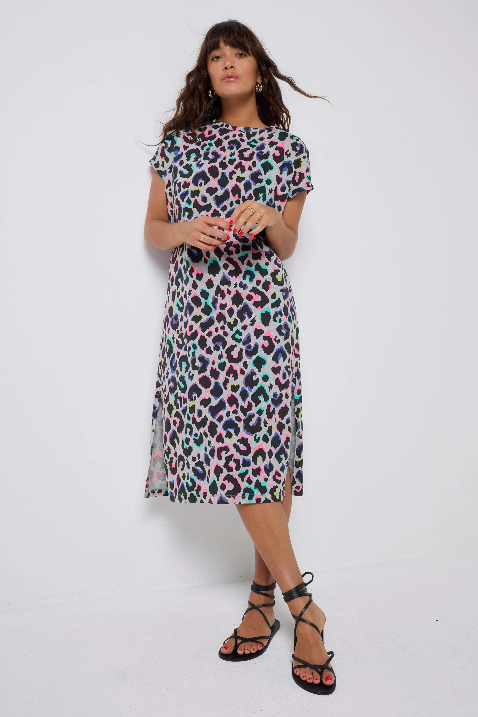 Grey with Rainbow Shadow Leopard Midi T-Shirt Dress Reversible-Style