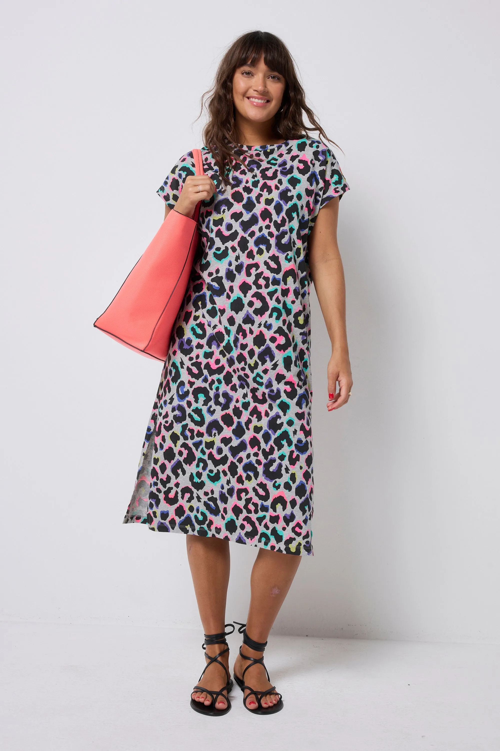 Grey with Rainbow Shadow Leopard Midi T-Shirt Dress Refined fit BreathableLining