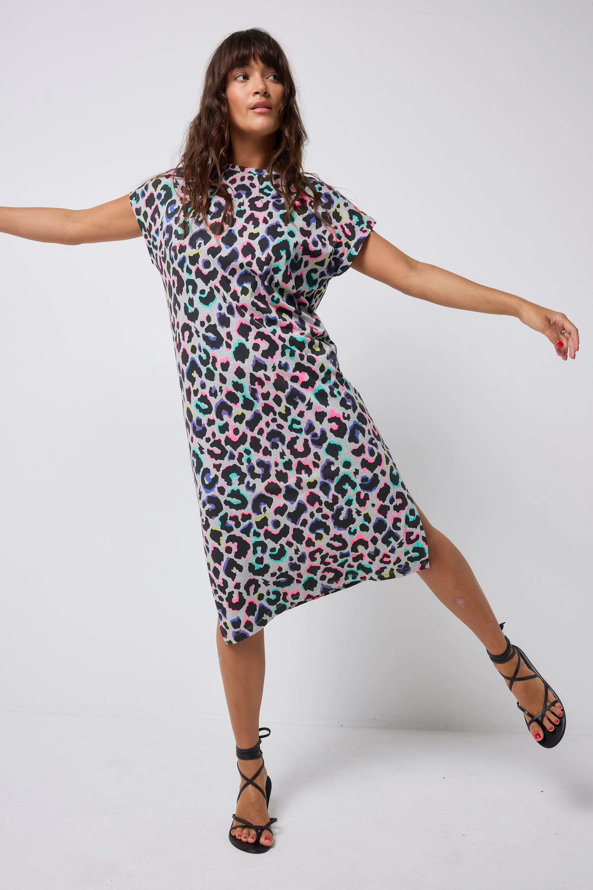 Grey with Rainbow Shadow Leopard Midi T-Shirt Dress Flare Breeze