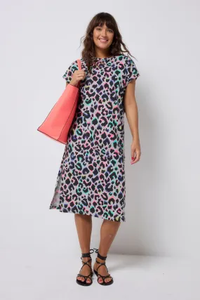 Grey with Rainbow Shadow Leopard Midi T-Shirt Dress Refined fit BreathableLining