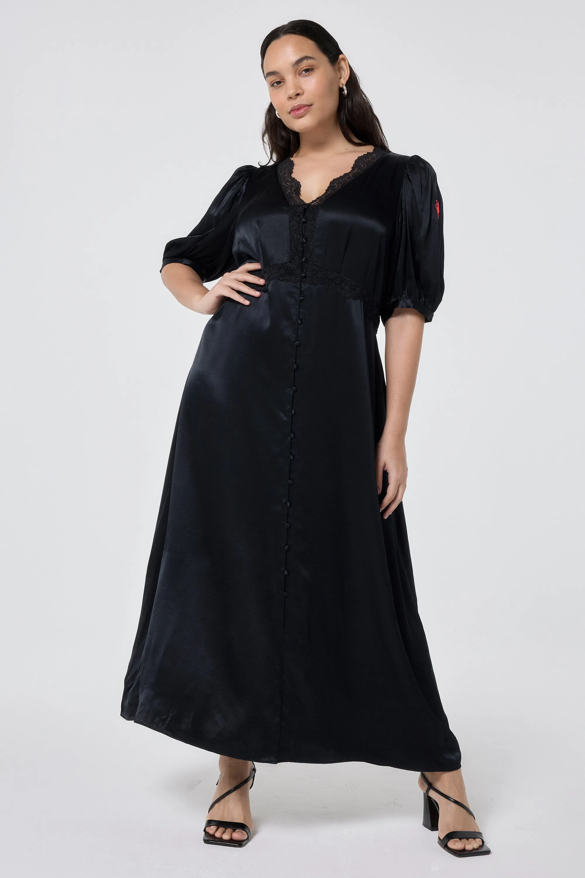 Black with Lace Trim Satin Puff Sleeve Midi Tea Dress Satin-Edge