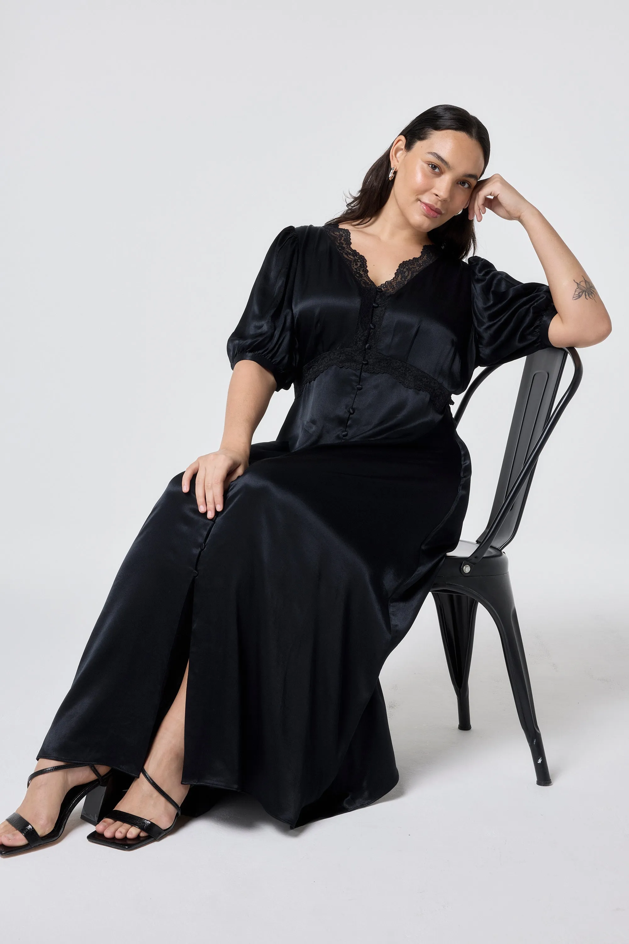 Black with Lace Trim Satin Puff Sleeve Midi Tea Dress Wide Swing slim fit