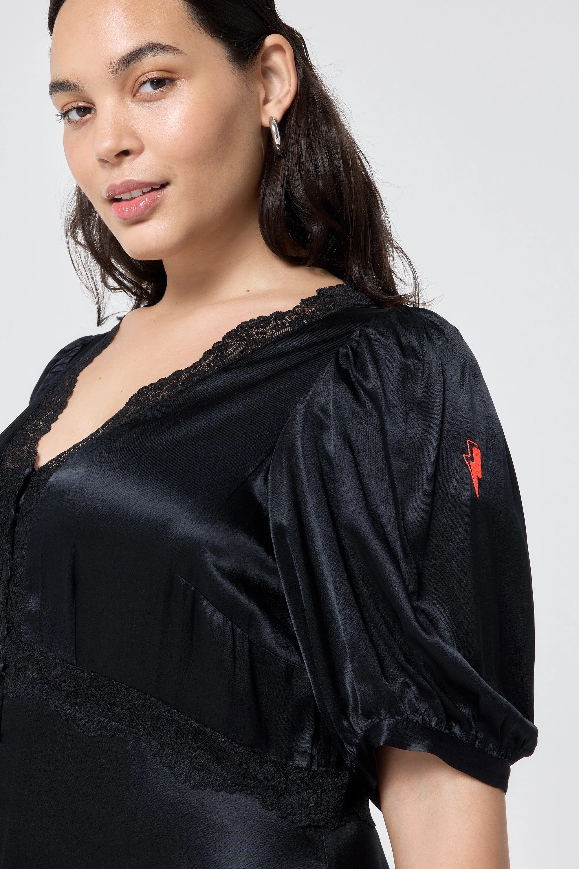 Black with Lace Trim Satin Puff Sleeve Midi Tea Dress Timeless Touch