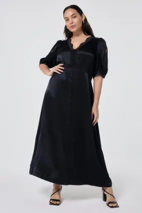 Black with Lace Trim Satin Puff Sleeve Midi Tea Dress Satin-Edge