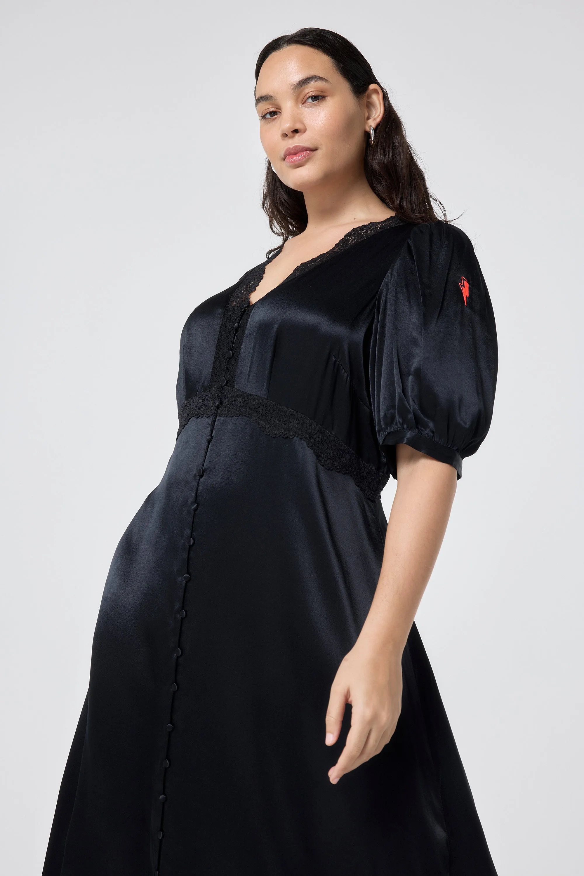 Beaded-Sleeve Black with Lace Trim Satin Puff Sleeve Midi Tea Dress