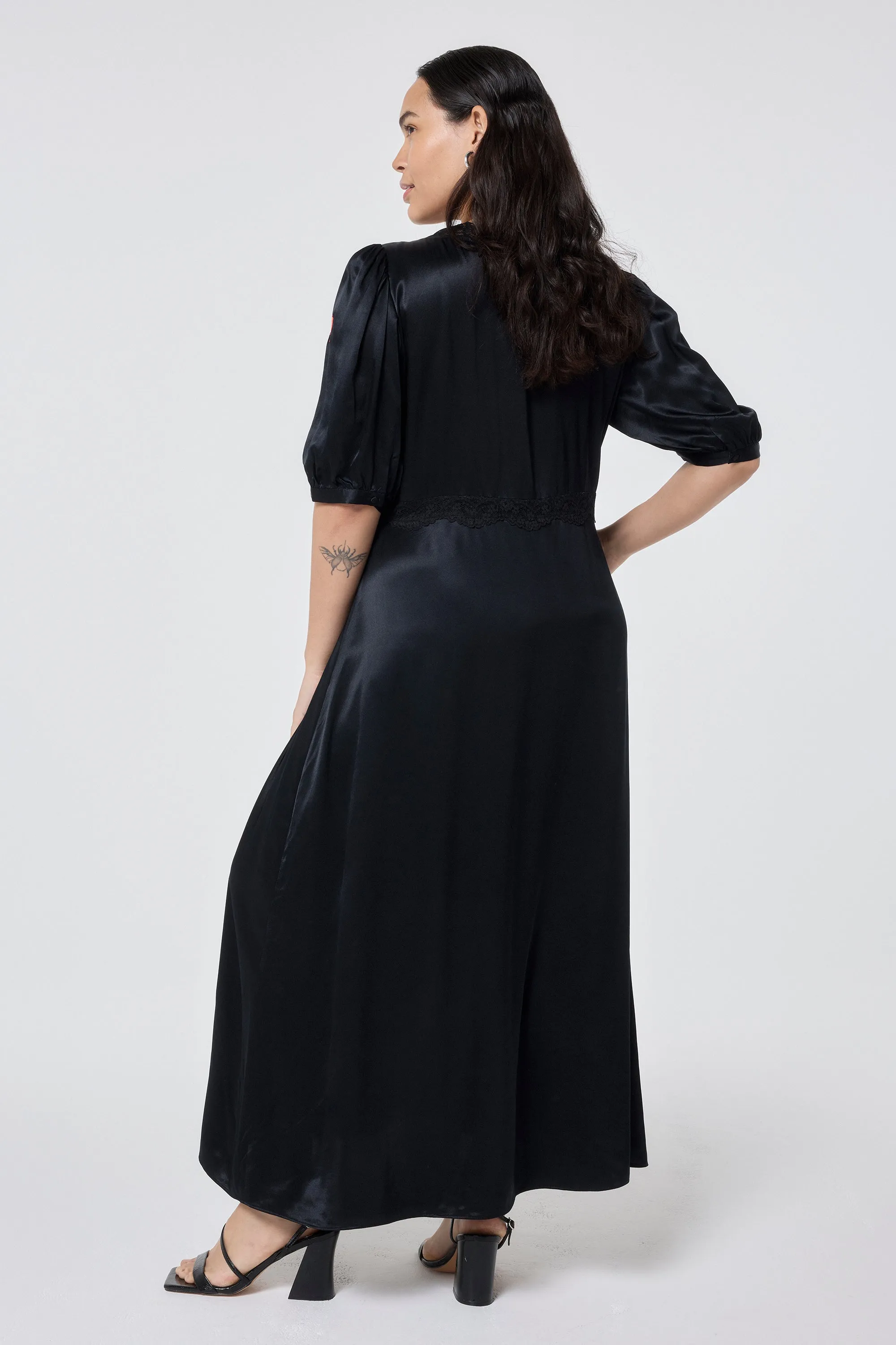 Black with Lace Trim Satin Puff Sleeve Midi Tea Dress High Cut
