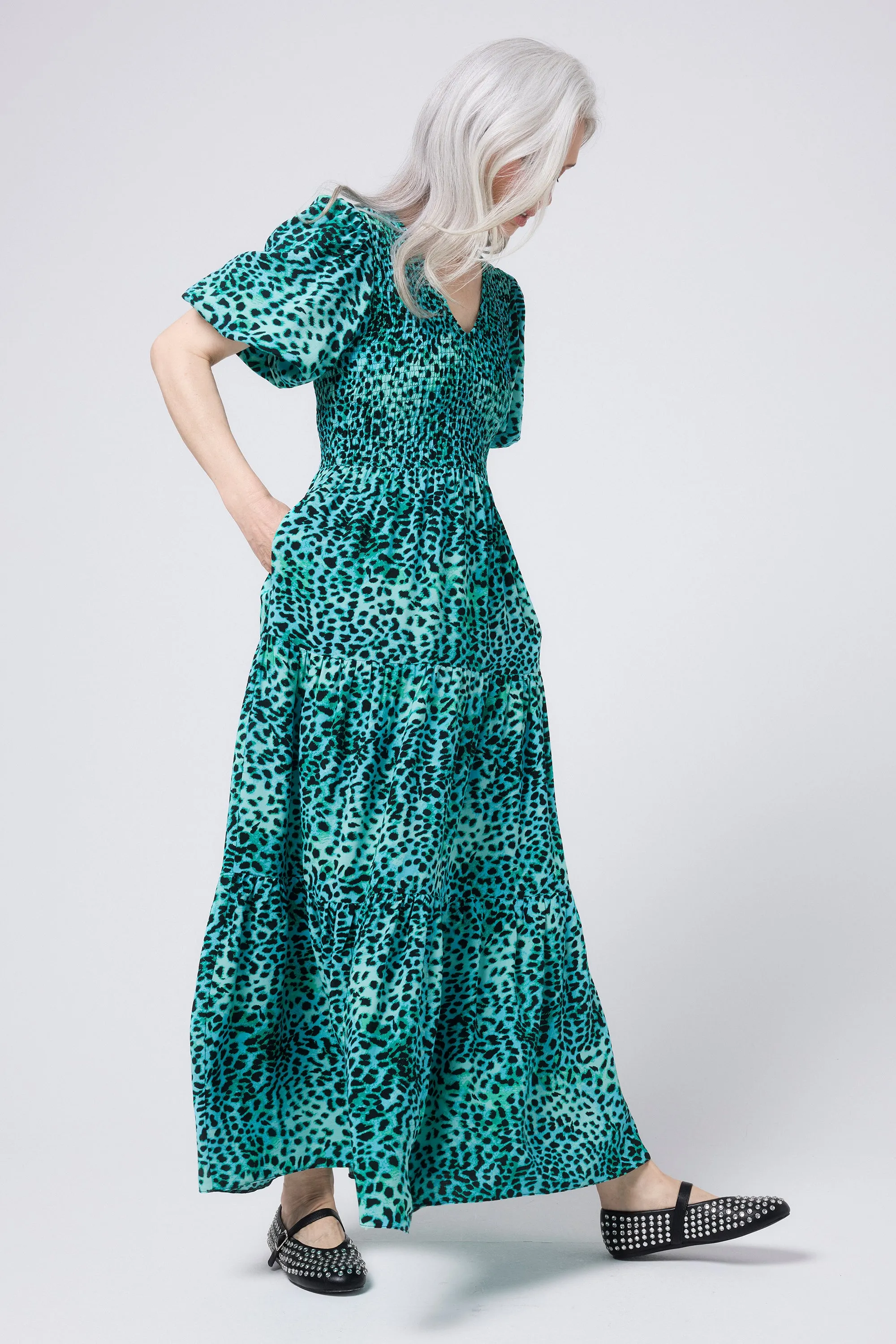 Turquoise with Black Leopard Puff Sleeve Maxi Dress Fashion Fit