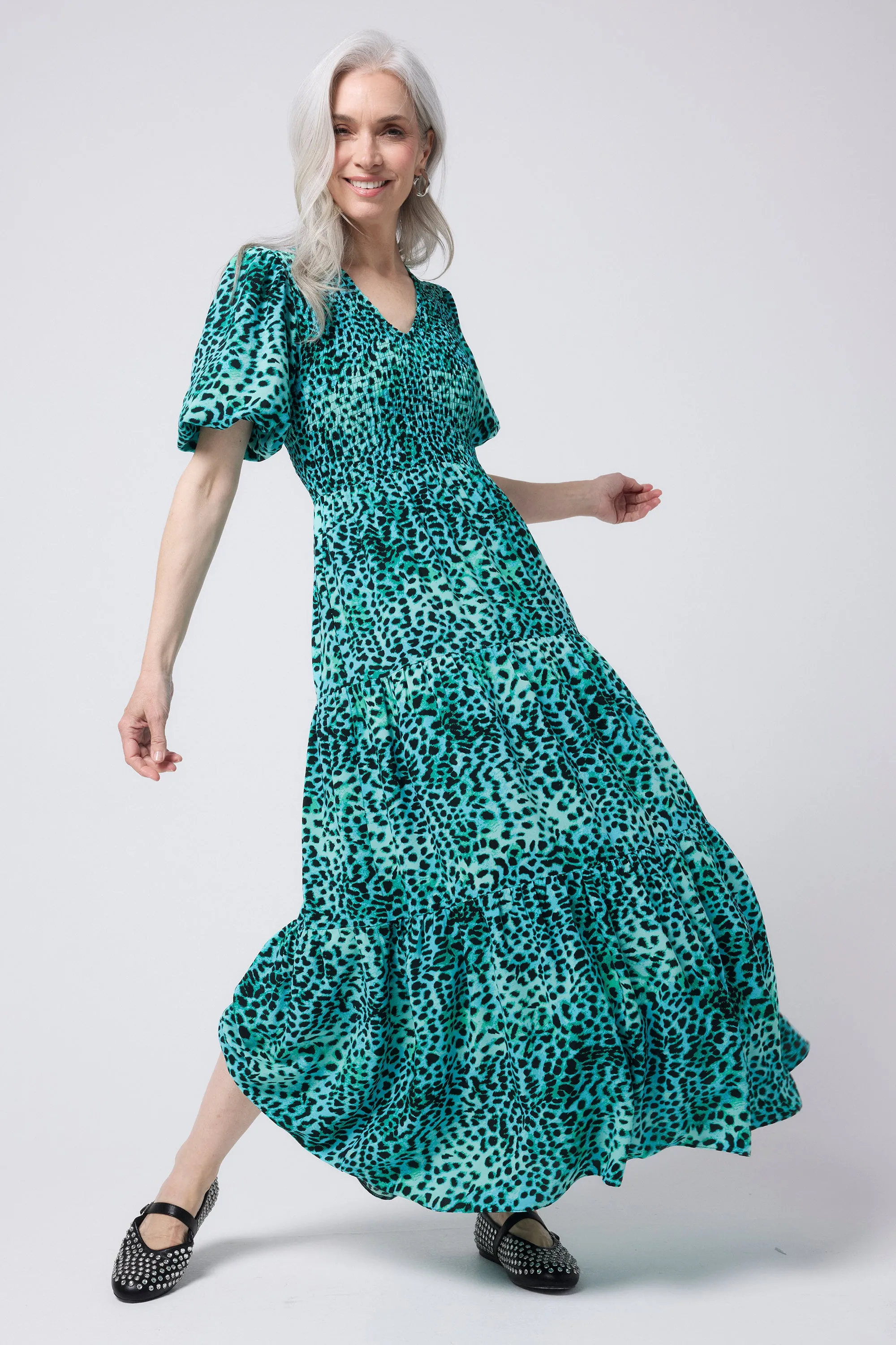 Turquoise with Black Leopard Puff Sleeve Maxi Dress Flap-Detail Soft Drape