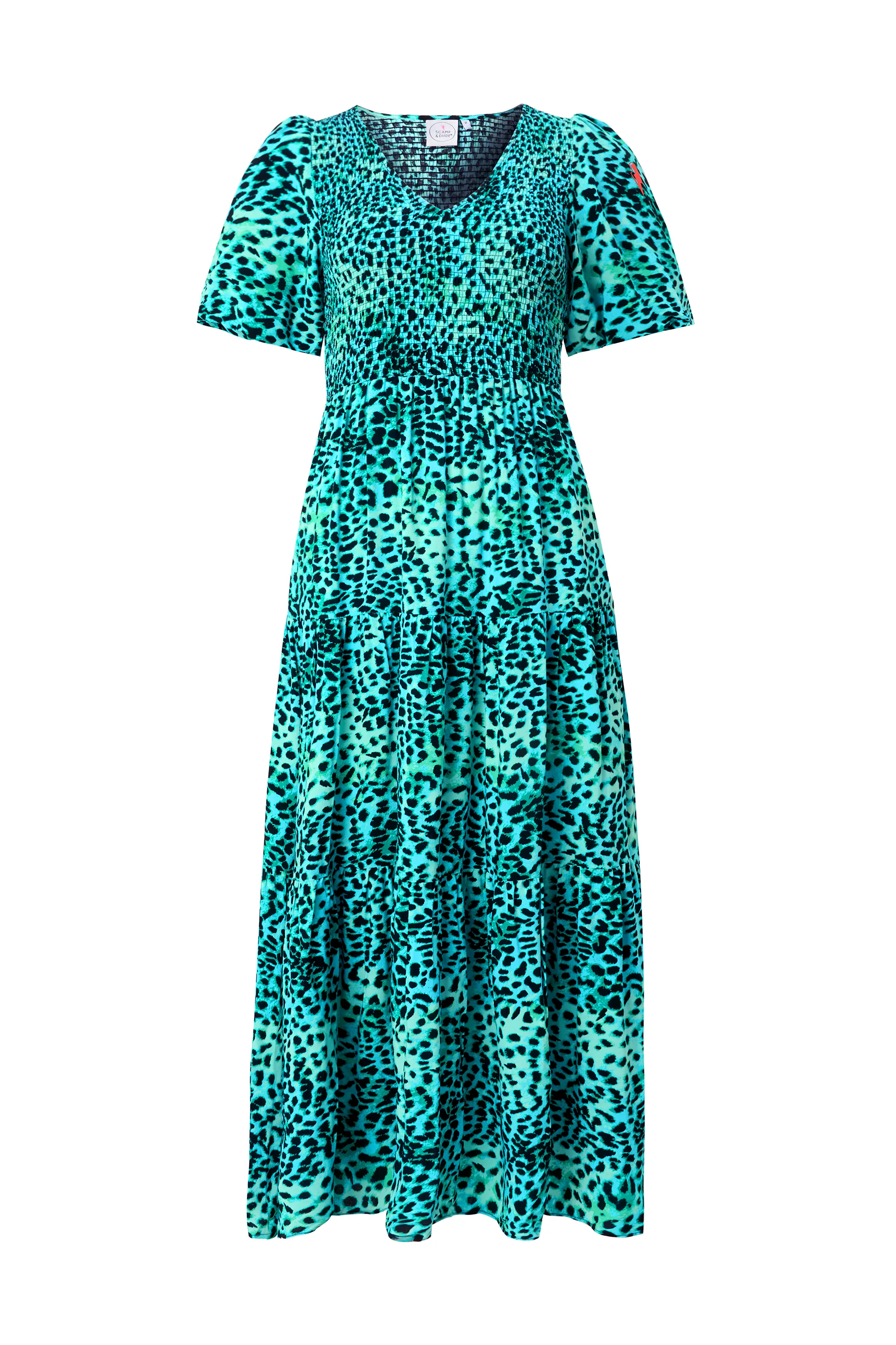 Casual Pick Fresh Motion Turquoise with Black Leopard Puff Sleeve Maxi Dress