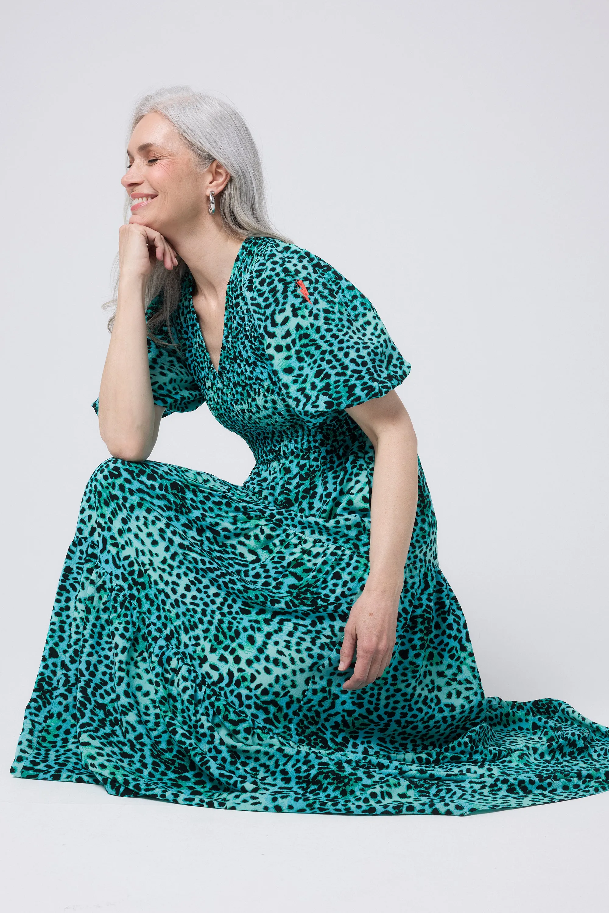 Turquoise with Black Leopard Puff Sleeve Maxi Dress Style Option Music-Concert