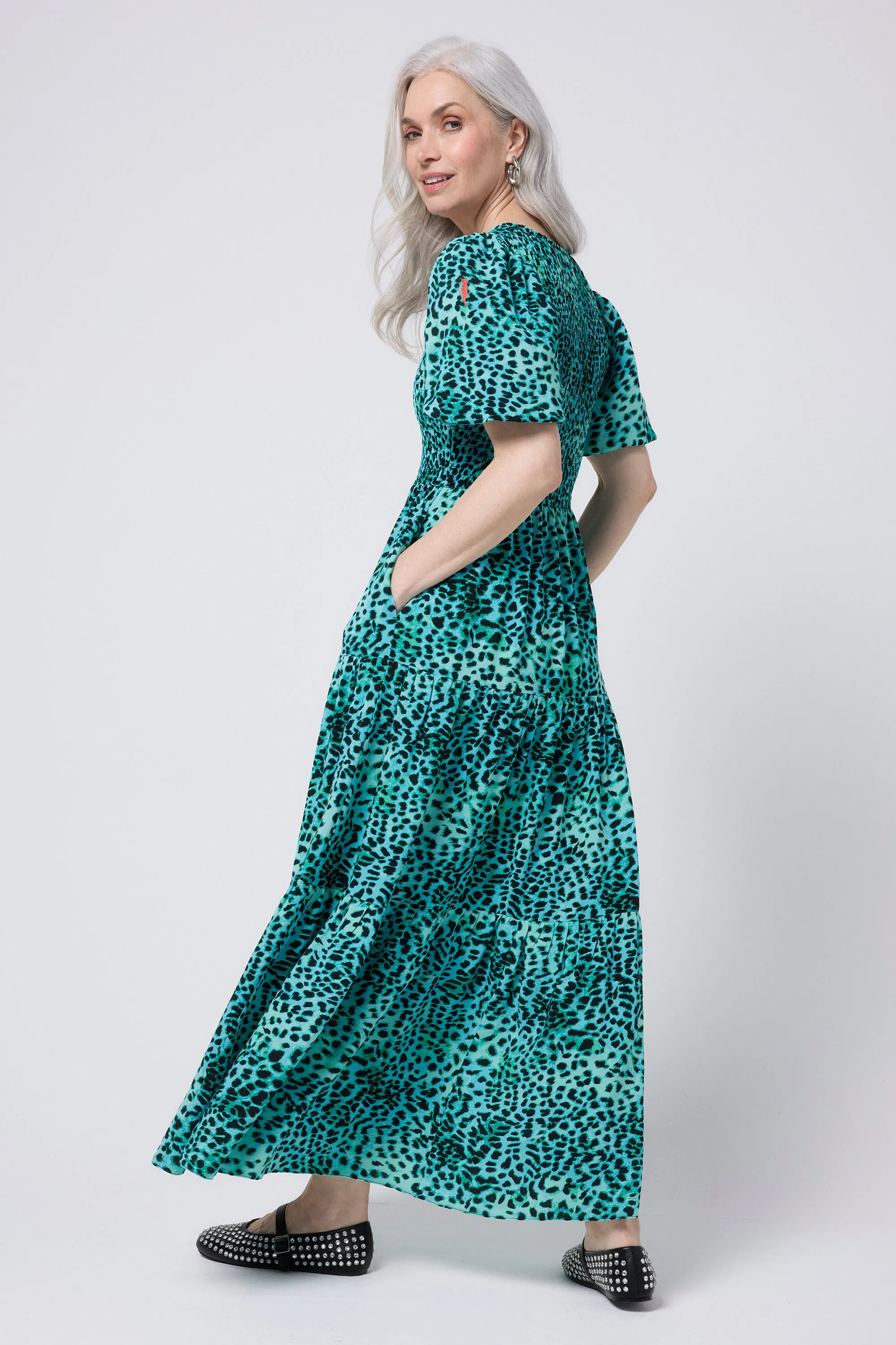 Turquoise with Black Leopard Puff Sleeve Maxi Dress Edgy vibes Trend Fit