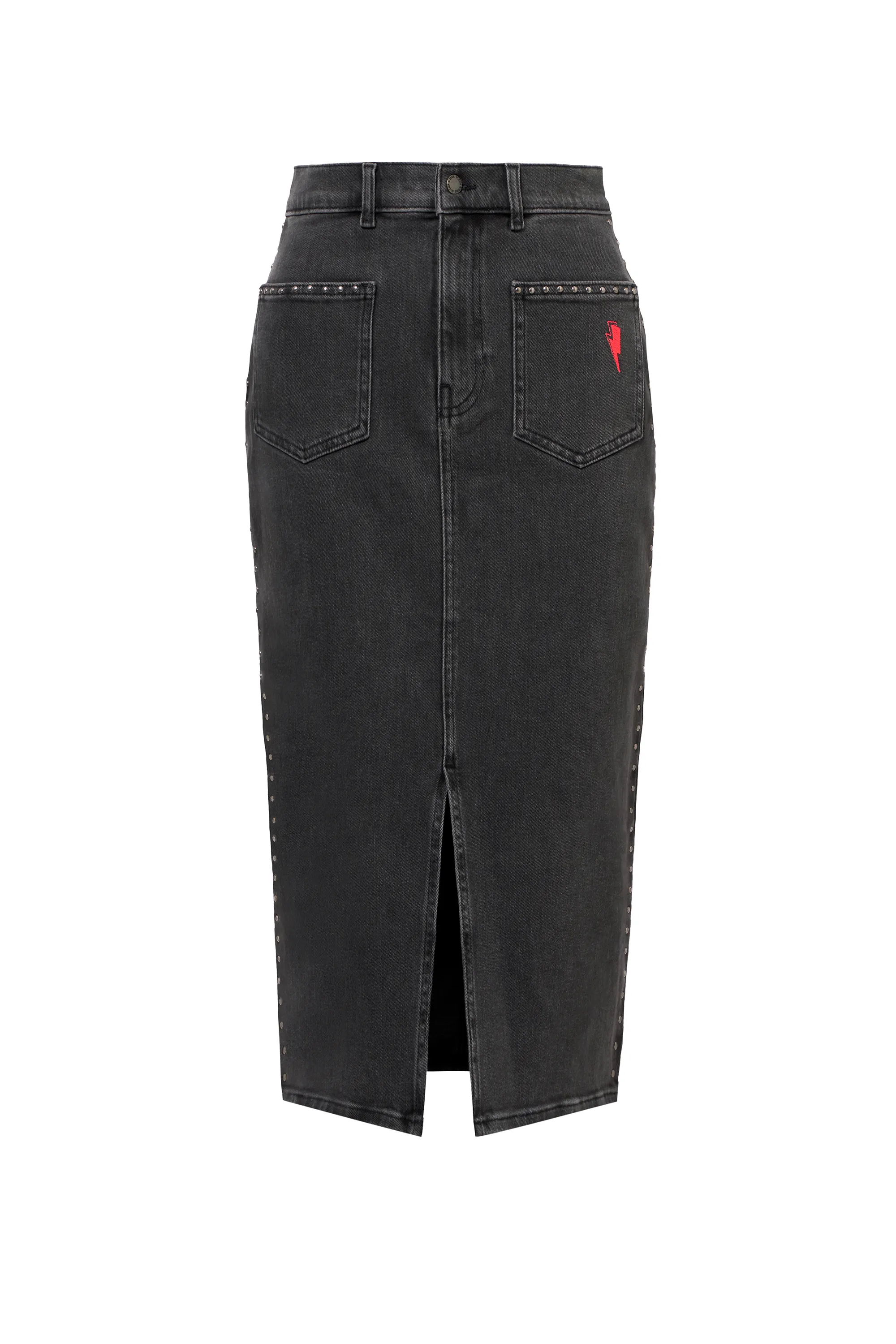 Washed Black Studded Denim Split Front Midi Skirt Trend Ready