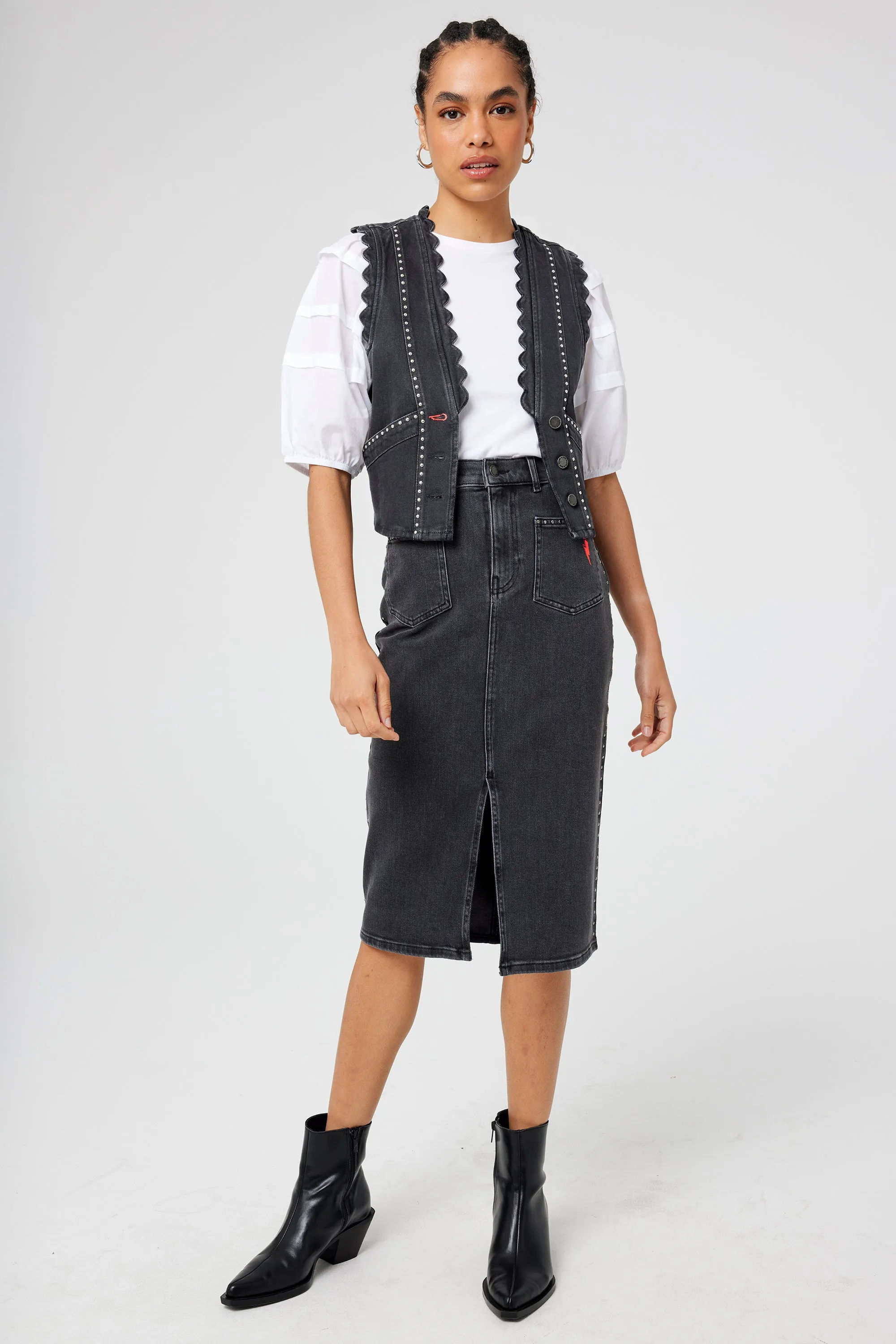 Washed Black Studded Denim Split Front Midi Skirt Refined Mood