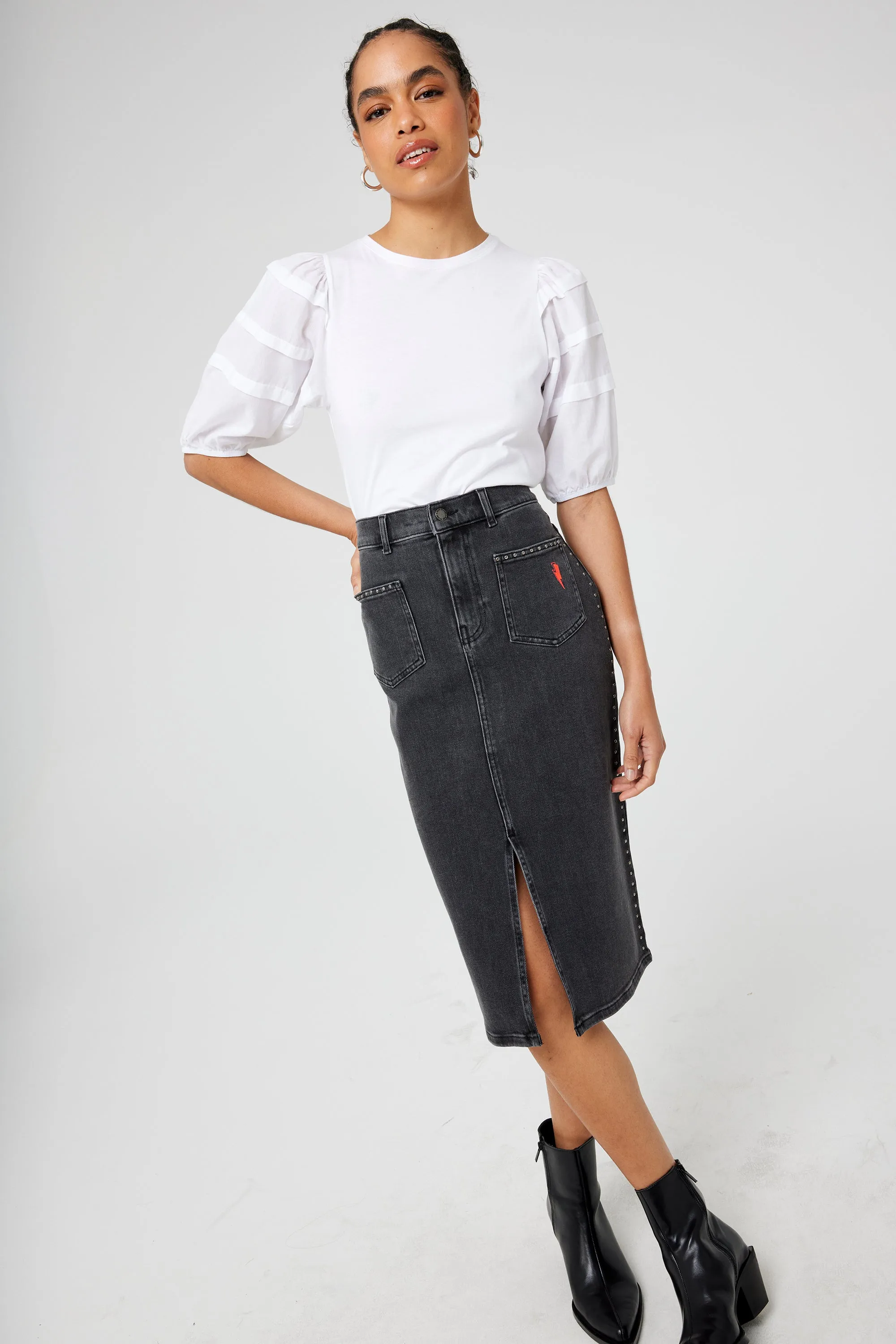 Washed Black Studded Denim Split Front Midi Skirt Season To Season
