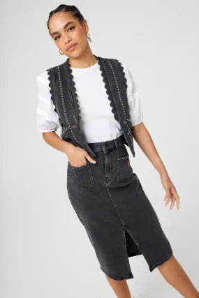 Pull On Style Washed Black Studded Denim Split Front Midi Skirt