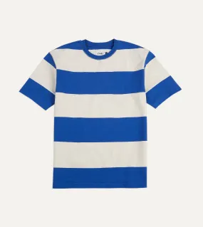 Comfy Layering Cool and Comfortable Blue and White Wide Stripe Heavy Cotton Crew Neck Hiking T-Shirt