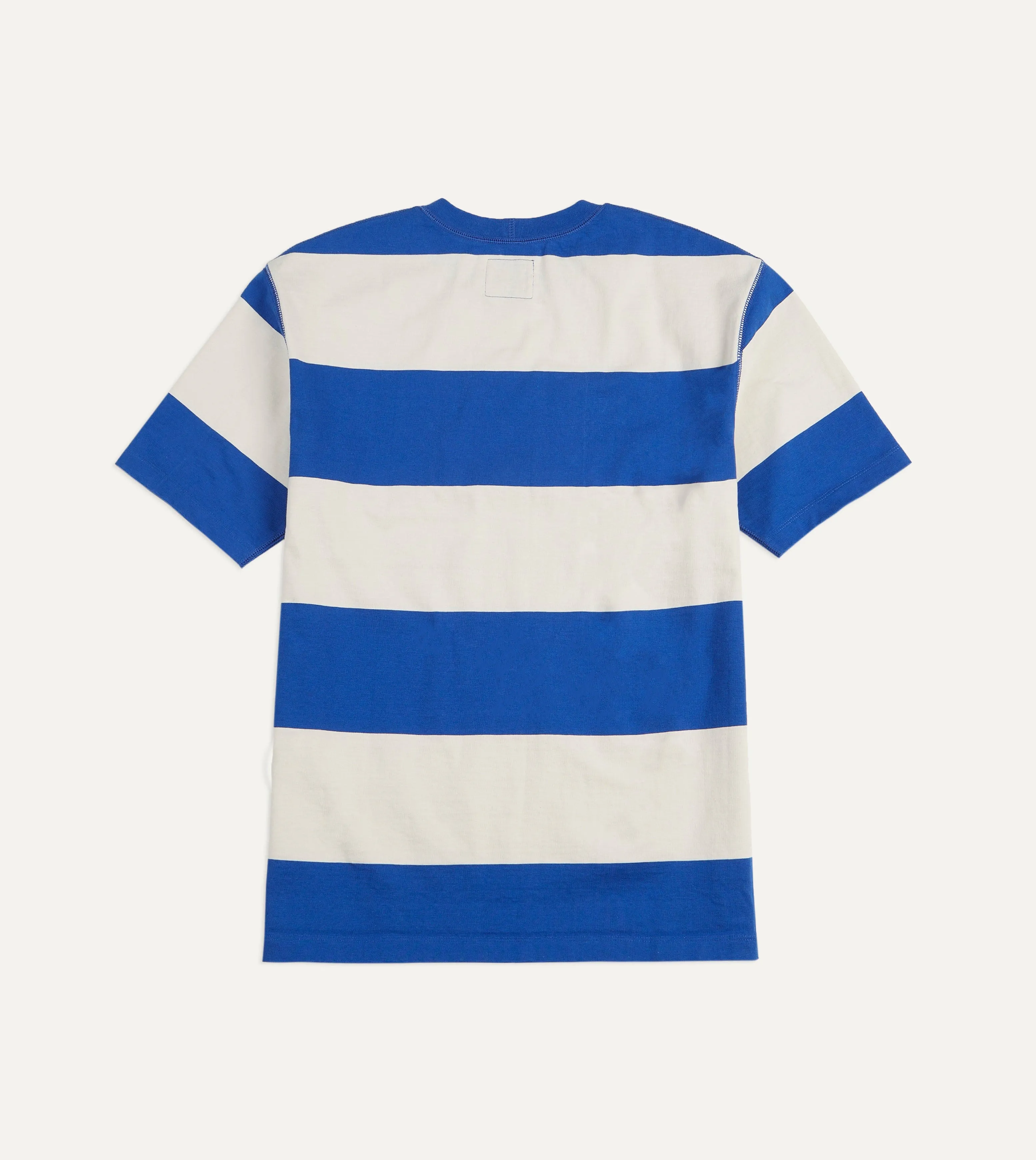 Blue and White Wide Stripe Heavy Cotton Crew Neck Hiking T-Shirt Versatile Top