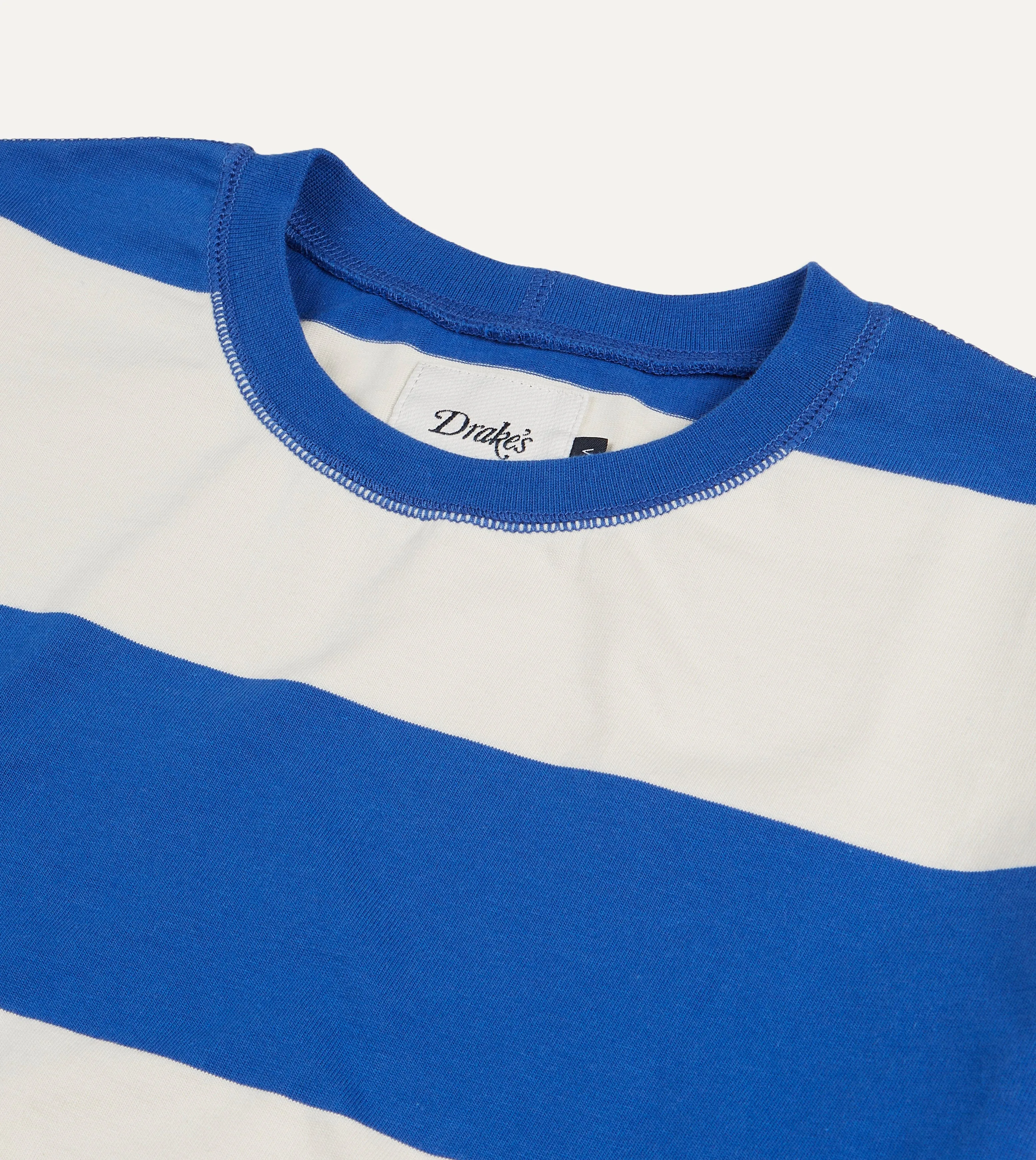 Blue and White Wide Stripe Heavy Cotton Crew Neck Hiking T-Shirt Sporty Top Breathable Waistband